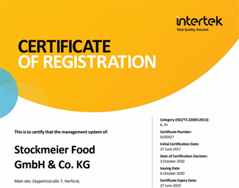 Сертификат немецкой фабрики ISO 22000 : 2018